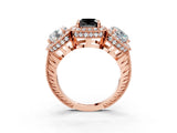 Rose gold Three-Stone Fancy Black Cushion Cut Halo Diamond Milgrain Band with Four-Prong Setting_3