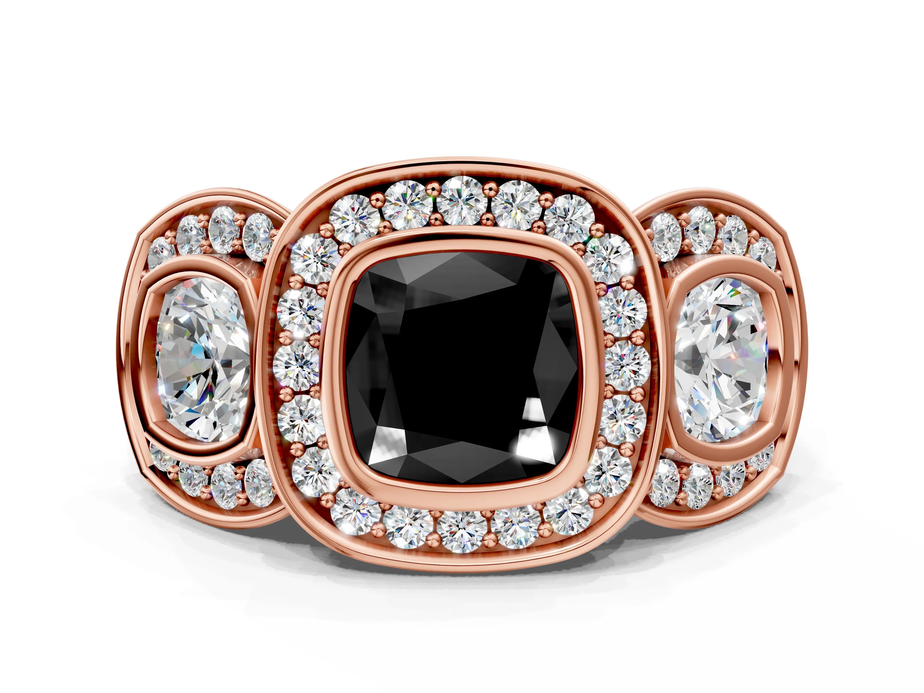Rose gold Three-Stone Fancy Black Cushion Cut Halo Pavé Diamond Ring