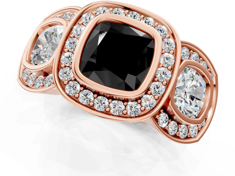 Rose gold Three-Stone Fancy Black Cushion Cut Halo Pavé Diamond Ring_1