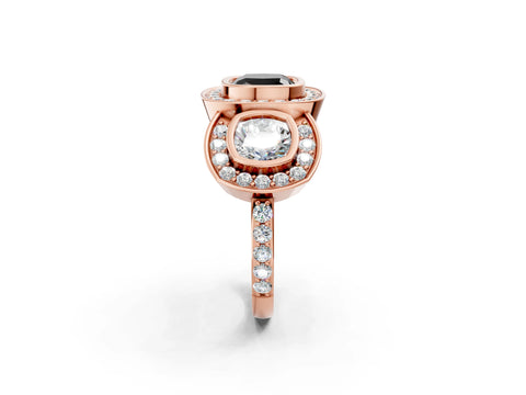 Rose gold Three-Stone Fancy Black Cushion Cut Halo Pavé Diamond Ring_2