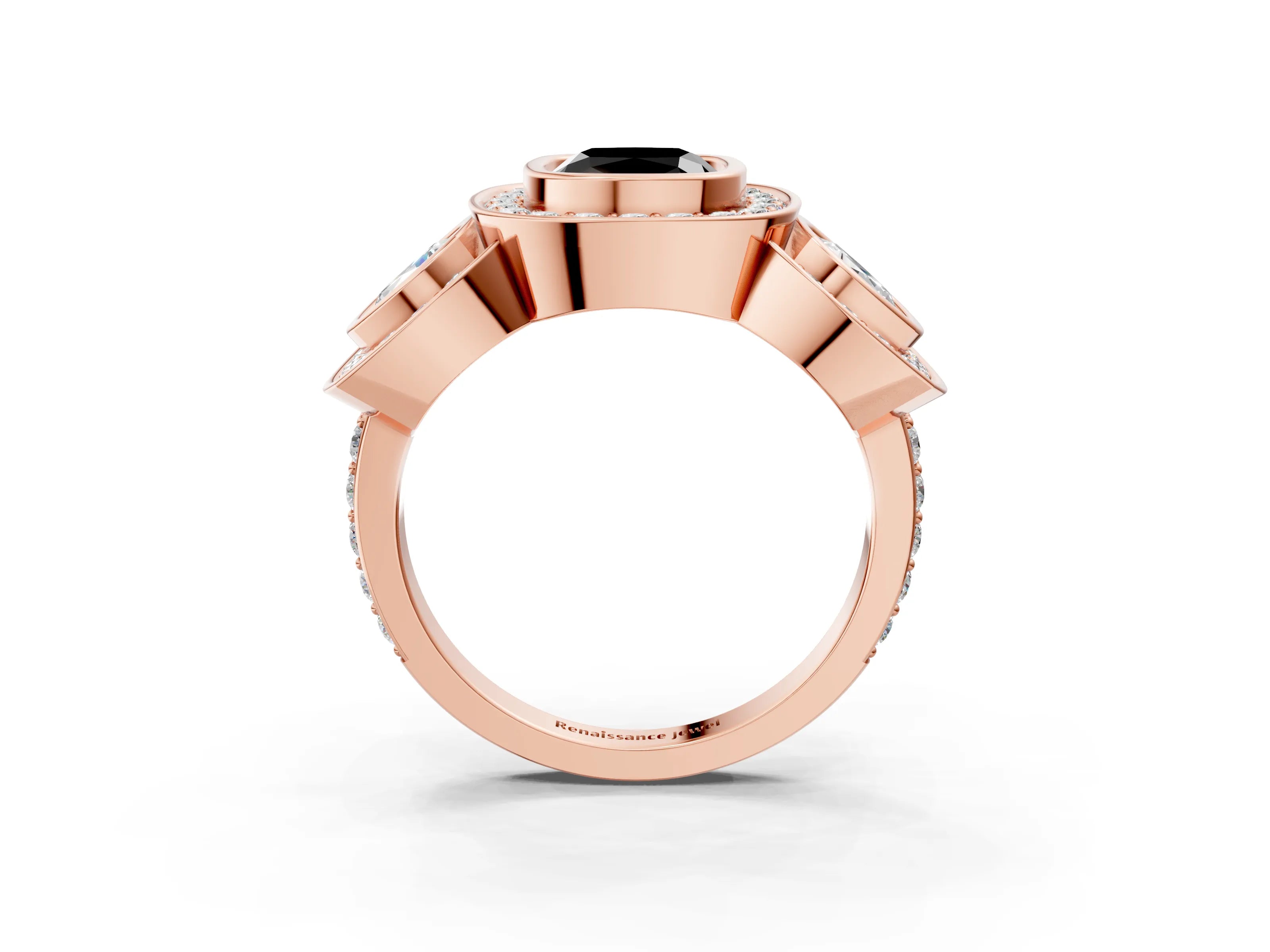Rose gold Three-Stone Fancy Black Cushion Cut Halo Pavé Diamond Ring_3