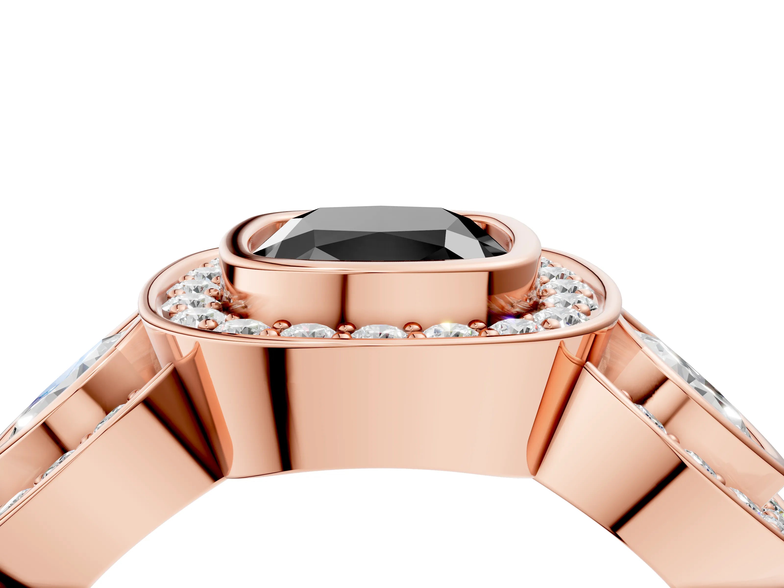 Rose gold Three-Stone Fancy Black Cushion Cut Halo Pavé Diamond Ring_4