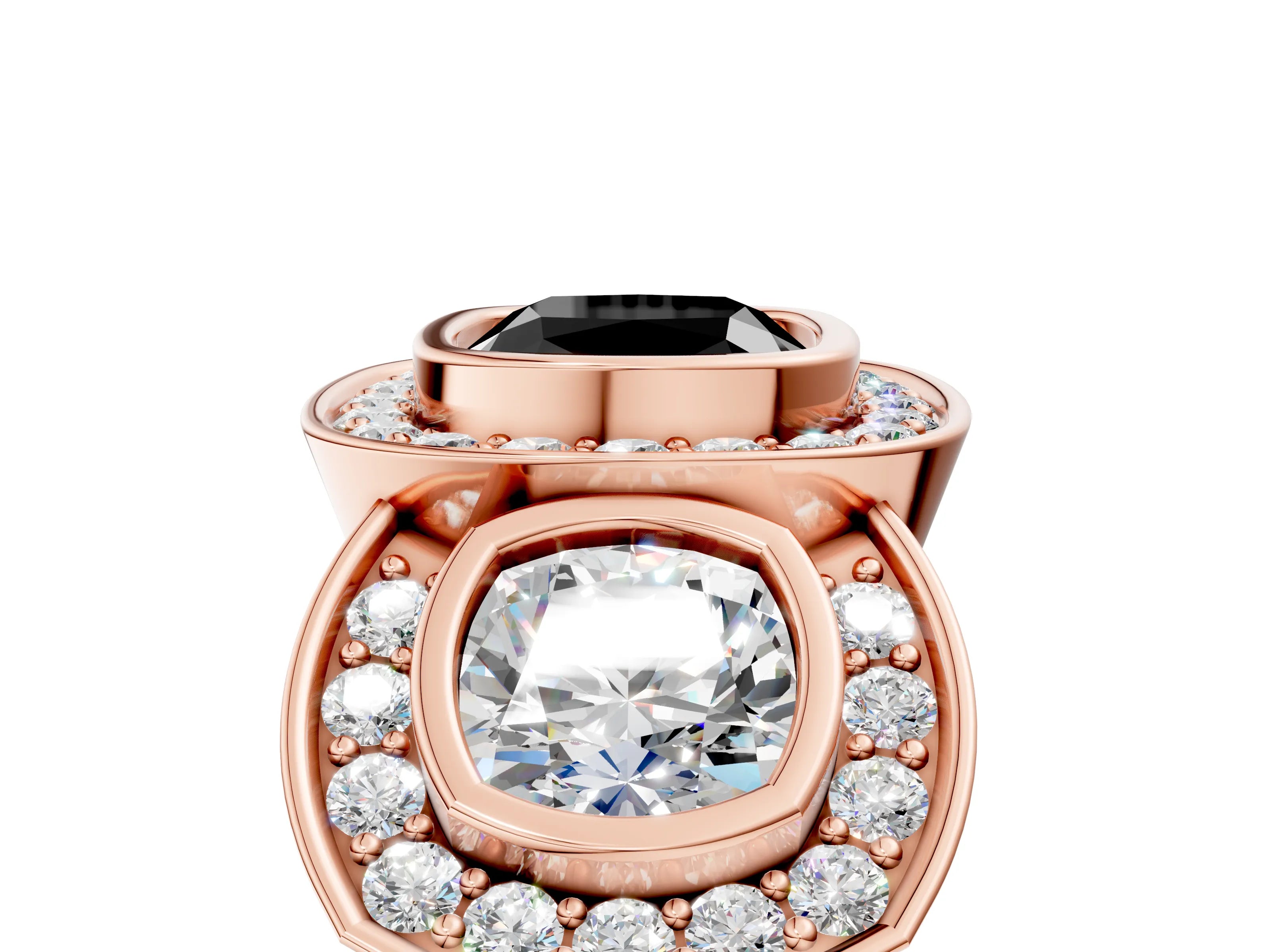 Rose gold Three-Stone Fancy Black Cushion Cut Halo Pavé Diamond Ring_5