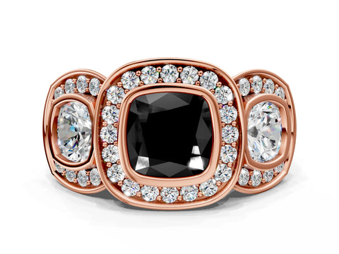 Rose gold Three-Stone Fancy Black Cushion Cut Halo Pavé Diamond Ring