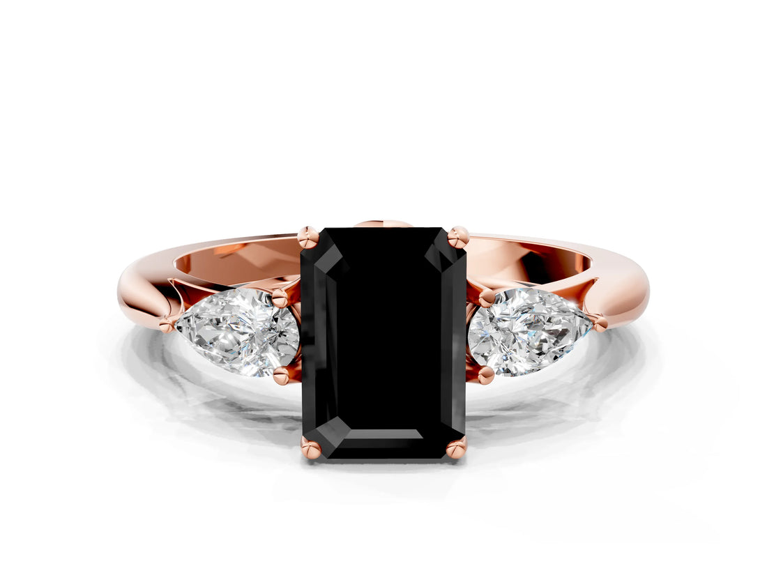 Rose gold Three-Stone Fancy Black Emerald Cut Brilliant Diamond Solitaire Ring with Tapered Band and Four-Prong Setting_3