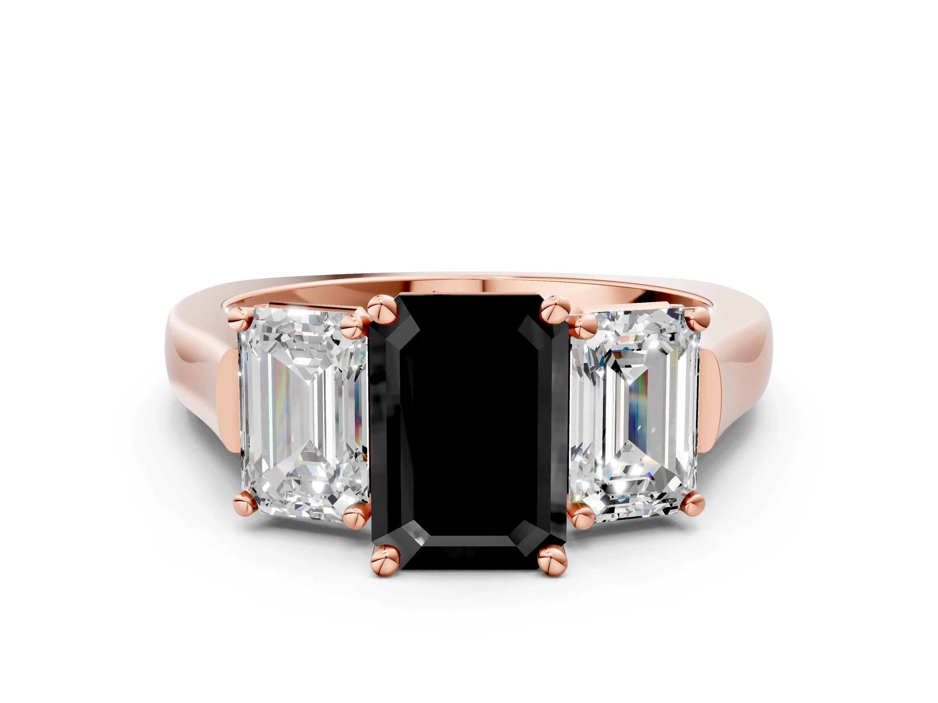 Rose gold Three-Stone Fancy Black Emerald Cut Brilliant Diamond Trellis Ring with Comfort Fit Band