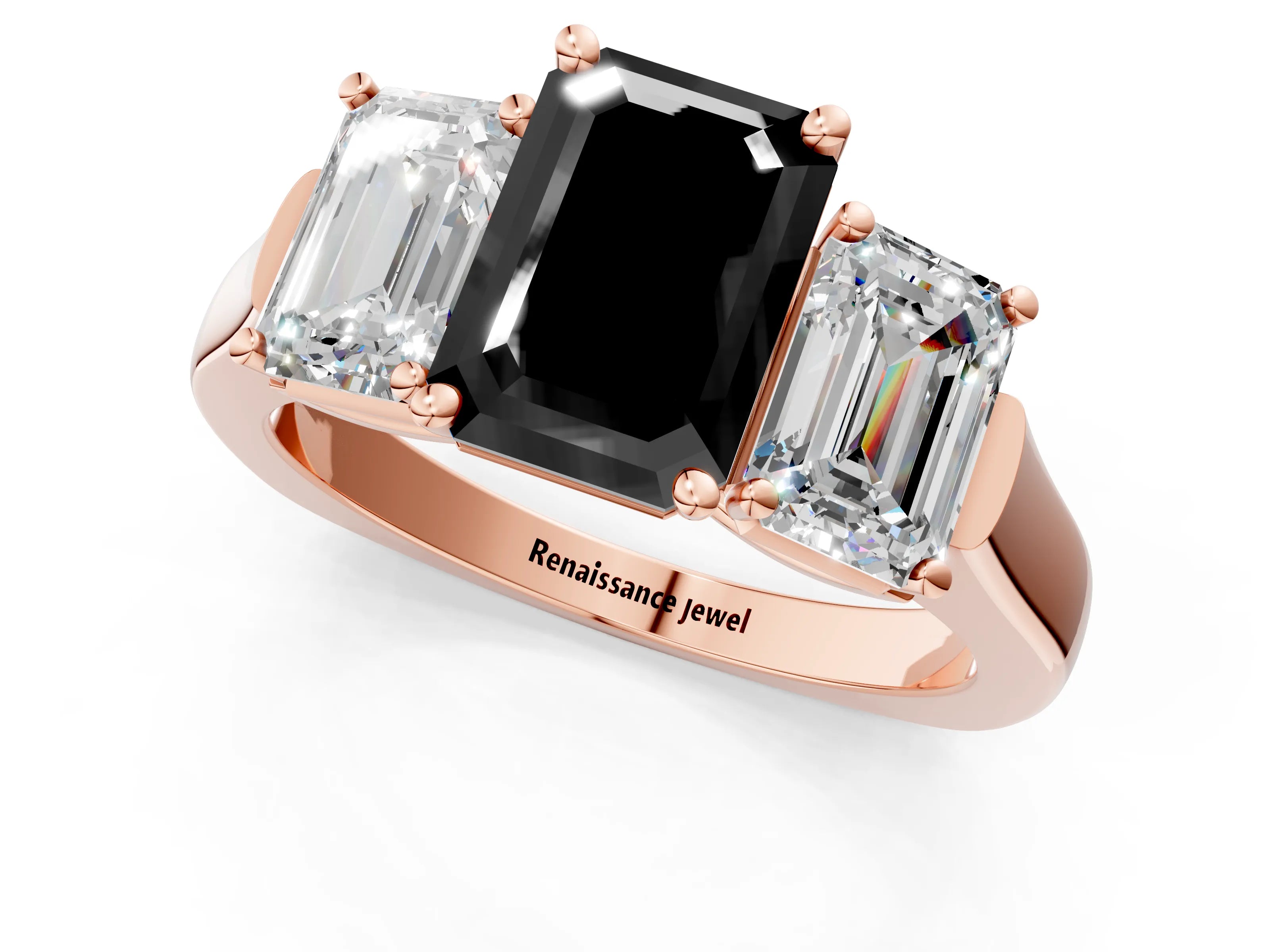Rose gold Three-Stone Fancy Black Emerald Cut Brilliant Diamond Trellis Ring with Comfort Fit Band_1