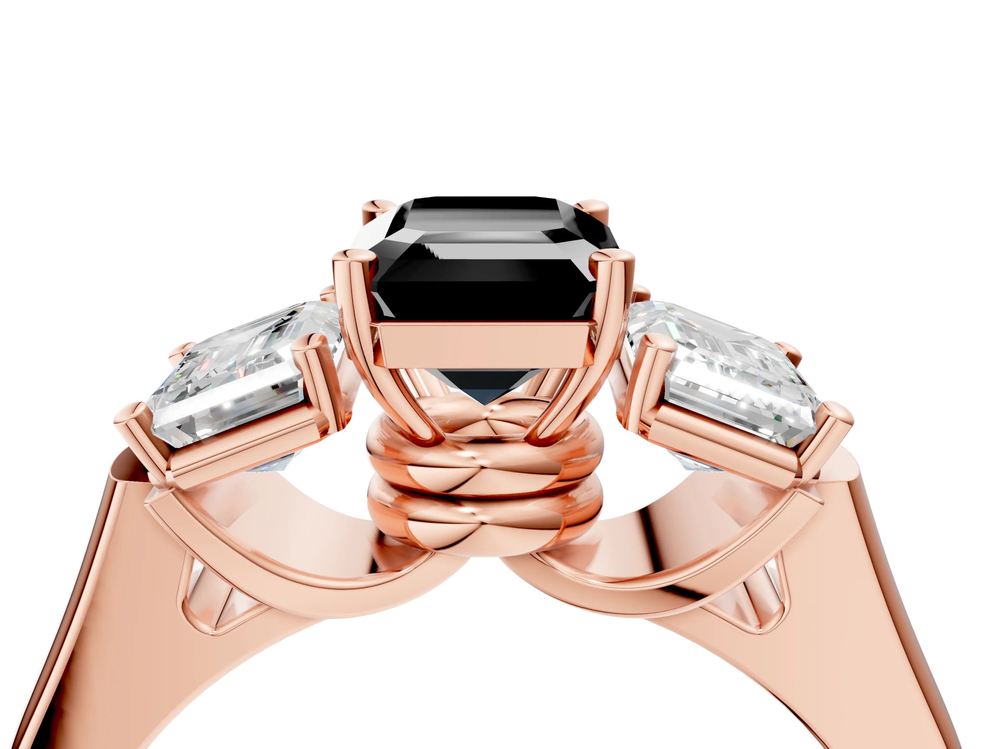 Rose gold Three-Stone Fancy Black Emerald Cut Brilliant Diamond Trellis Ring with Comfort Fit Band_4