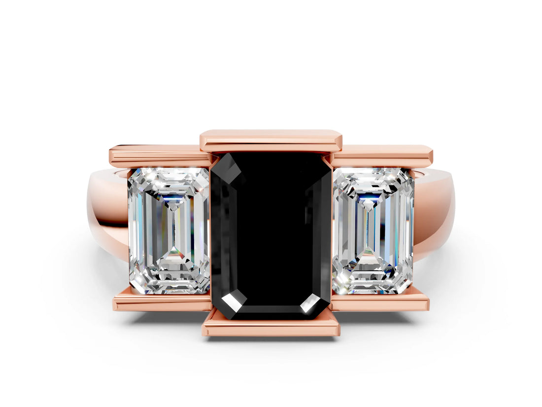Rose gold Three Stone Fancy Black Emerald Cut Cut Channel Set Diamond Ring