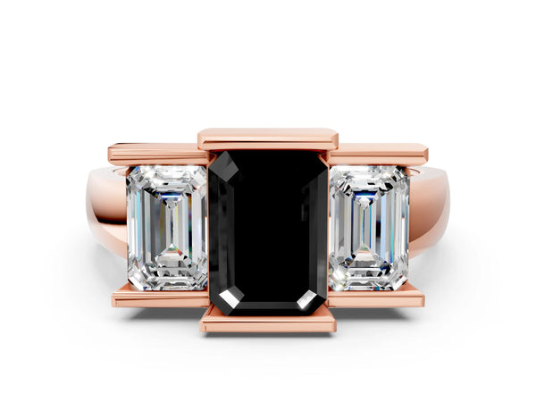Rose Gold Emerald Cut Channel Set Three Stone Engagement Ring Setting for Black Center