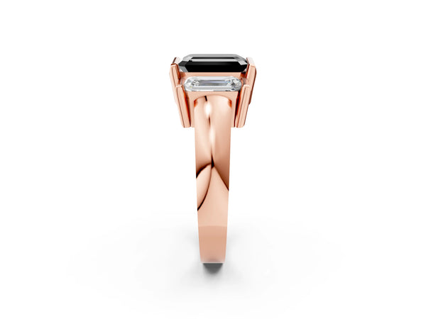 Rose Gold Emerald Cut Channel Set Three Stone Engagement Ring Setting for Black Center
