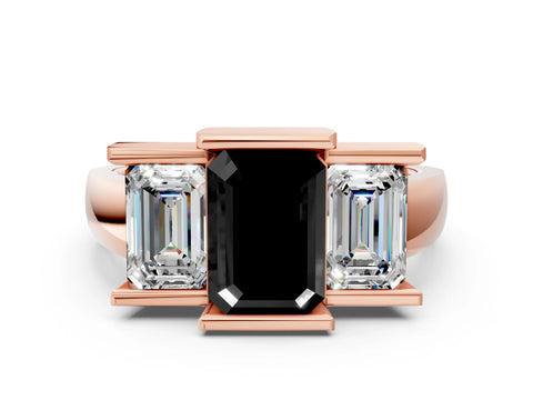 Rose gold Three Stone Fancy Black Emerald Cut Cut Channel Set Diamond Ring