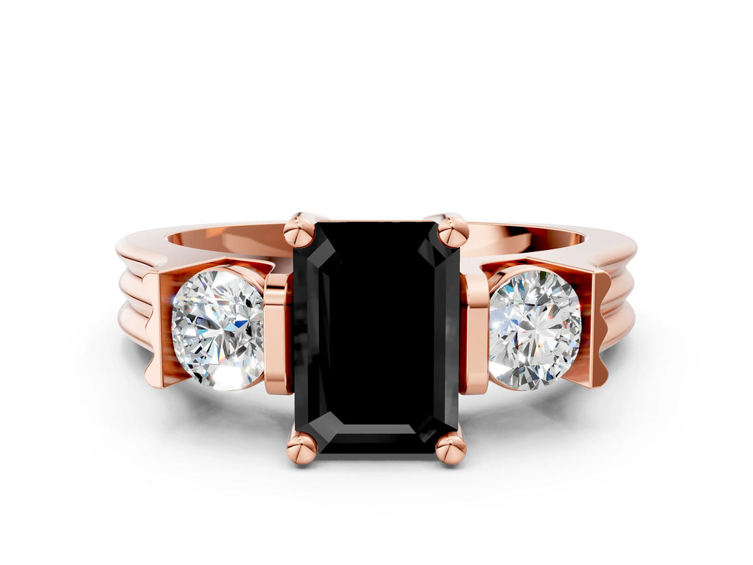 Rose gold Three-Stone Fancy Black Emerald Cut Cut Classic Band Prong Setting Ring
