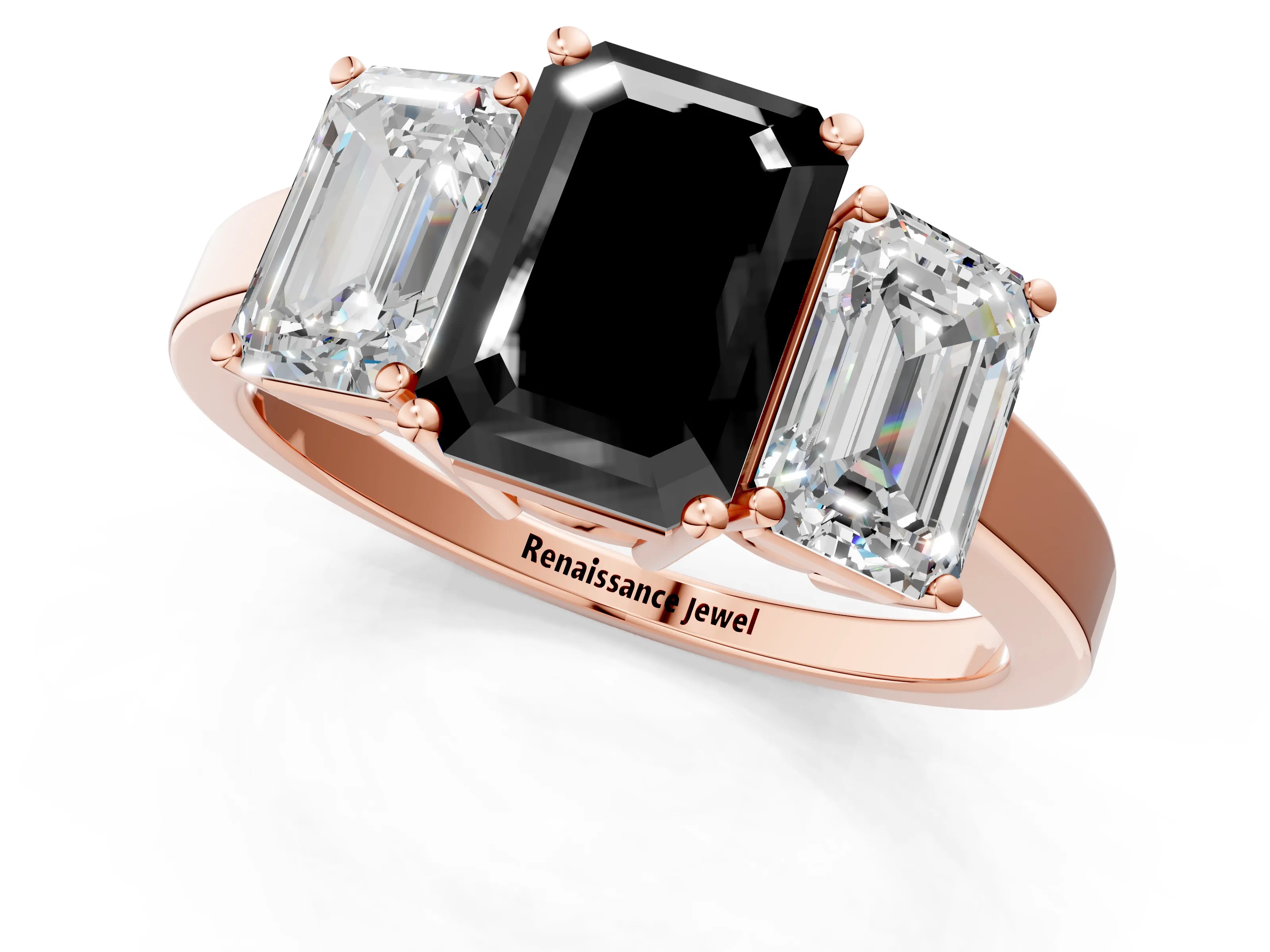 Rose gold Three-Stone Fancy Black Emerald Cut Cut Diamond Engagement Ring with Flat Band and Four-Prong Setting_1