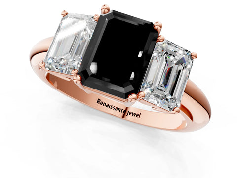 Rose gold Three-Stone Fancy Black Emerald Cut Cut Diamond Engagement Ring with Prong Setting on a White Gold Band_1