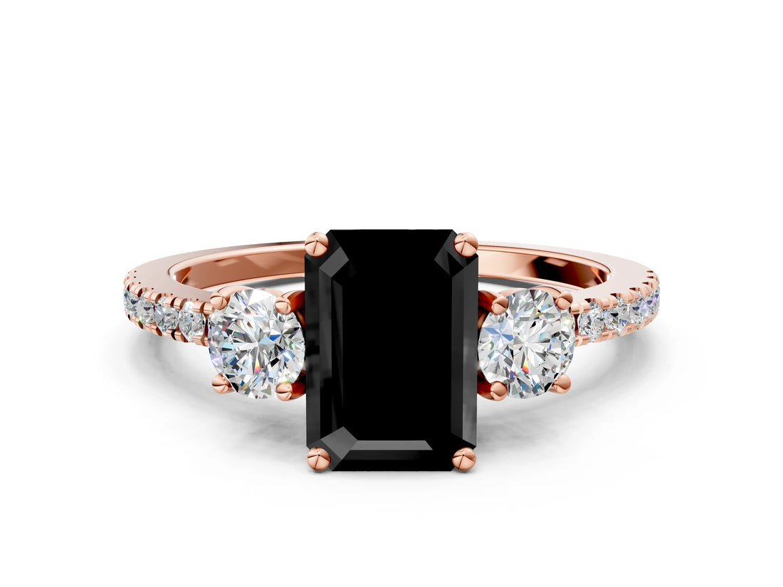 Rose gold Three-Stone Fancy Black Emerald Cut Cut Diamond Pavé Band with Prong Setting_15