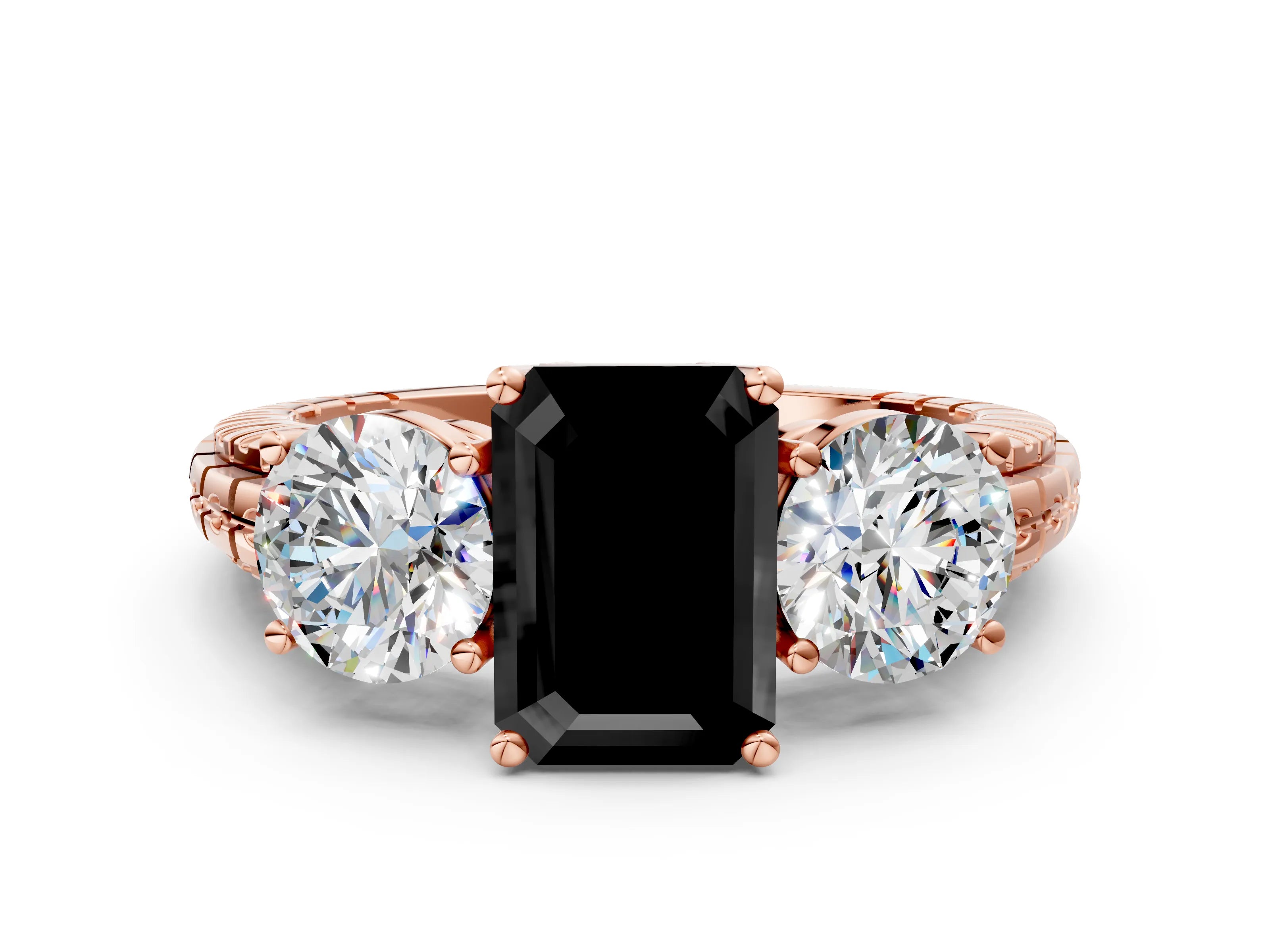 Rose gold Three-Stone Fancy Black Emerald Cut Cut Diamond Ring with Channel-Set Band and Prong Setting