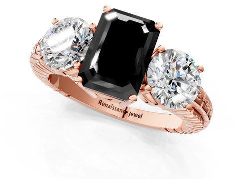 Rose gold Three-Stone Fancy Black Emerald Cut Cut Diamond Ring with Channel-Set Band and Prong Setting_1