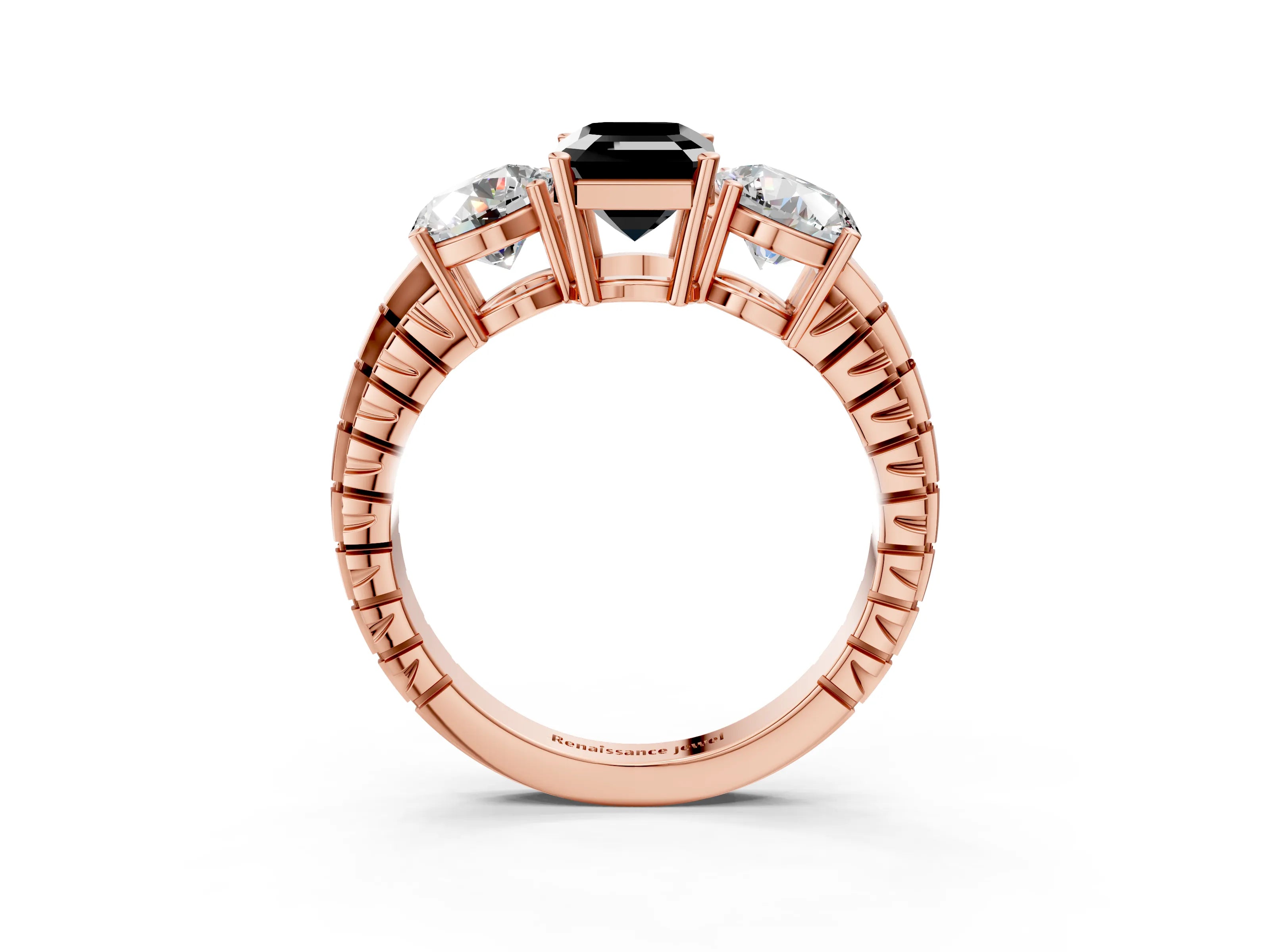 Rose gold Three-Stone Fancy Black Emerald Cut Cut Diamond Ring with Channel-Set Band and Prong Setting_3