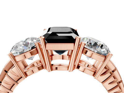 Rose gold Three-Stone Fancy Black Emerald Cut Cut Diamond Ring with Channel-Set Band and Prong Setting_4