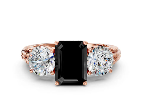 Rose gold Three-Stone Fancy Black Emerald Cut Cut Diamond Ring with Channel-Set Band and Prong Setting