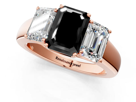 Rose gold Three-Stone Fancy Black Emerald Cut Cut Diamond Ring with Prong Setting and Classic Band_1