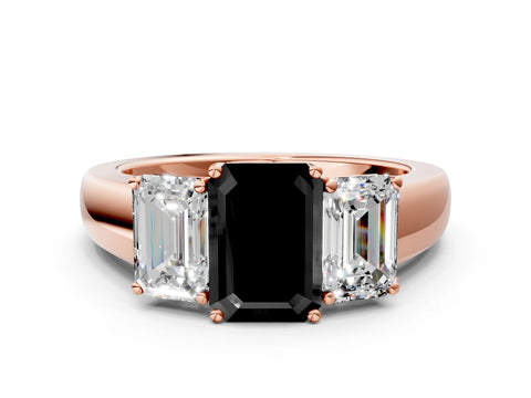 Rose gold Three-Stone Fancy Black Emerald Cut Cut Diamond Ring with Prong Setting and Classic Band