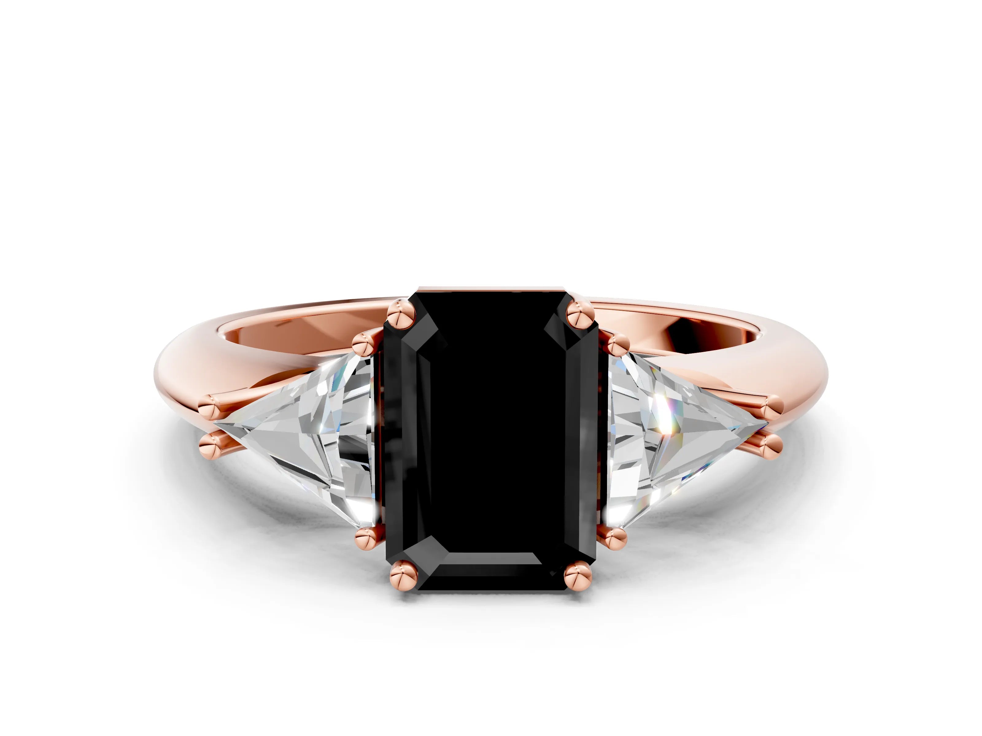Rose gold Three-Stone Fancy Black Emerald Cut Cut Diamond Ring with Trillion Side Stones and Four-Prong Setting_3