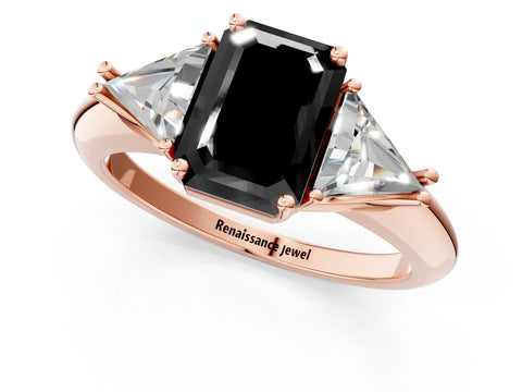 Rose gold Three-Stone Fancy Black Emerald Cut Cut Diamond Ring with Trillion Side Stones and Four-Prong Setting_4