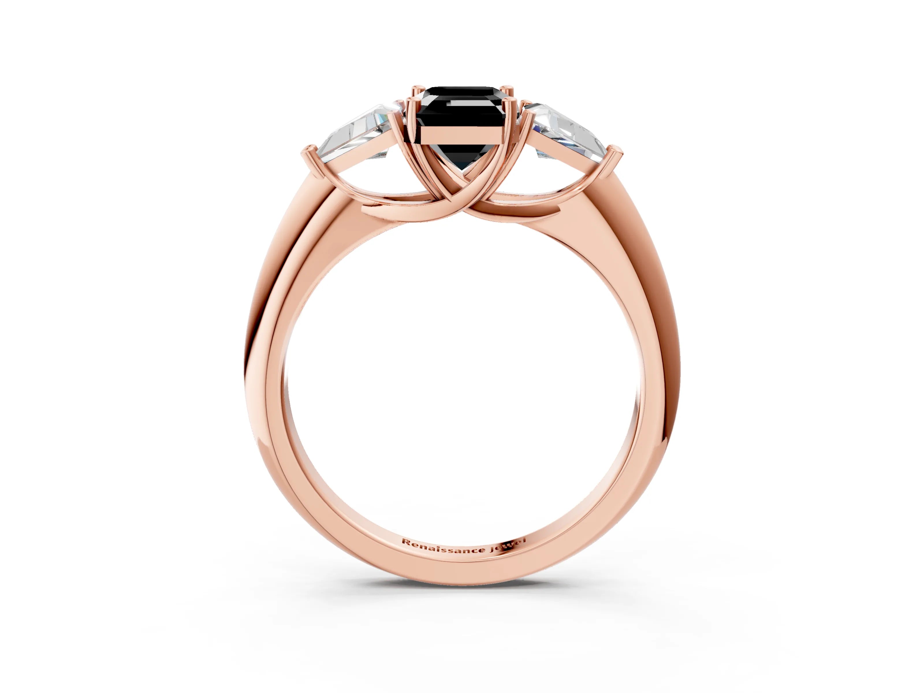 Rose gold Three-Stone Fancy Black Emerald Cut Cut Diamond Ring with Trillion Side Stones and Four-Prong Setting_6
