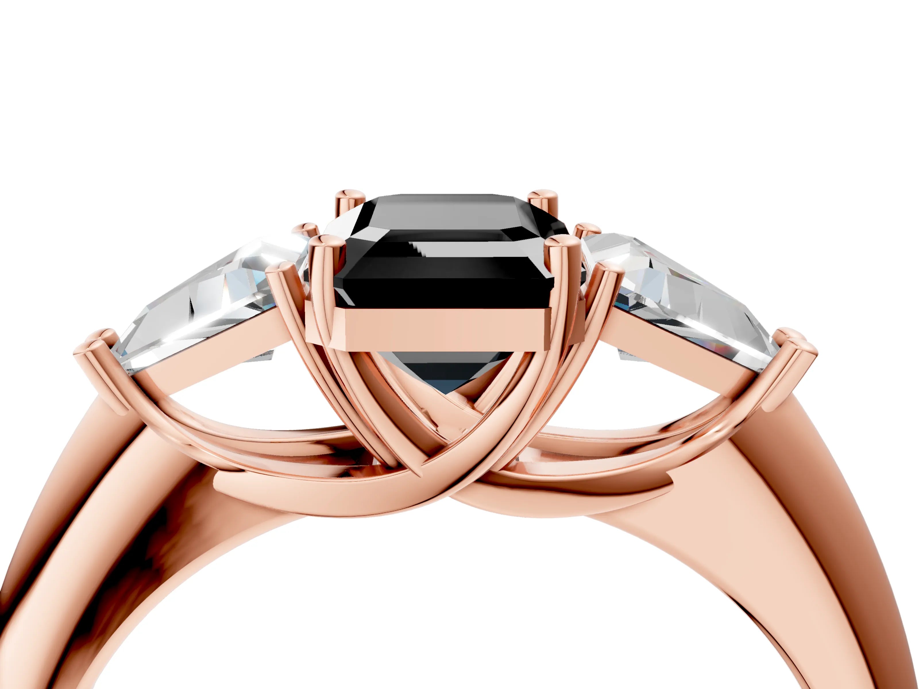 Rose gold Three-Stone Fancy Black Emerald Cut Cut Diamond Ring with Trillion Side Stones and Four-Prong Setting_7