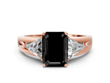 Rose gold Three-Stone Fancy Black Emerald Cut Cut Diamond Ring with Trillion Side Stones on a Split Shank Band
