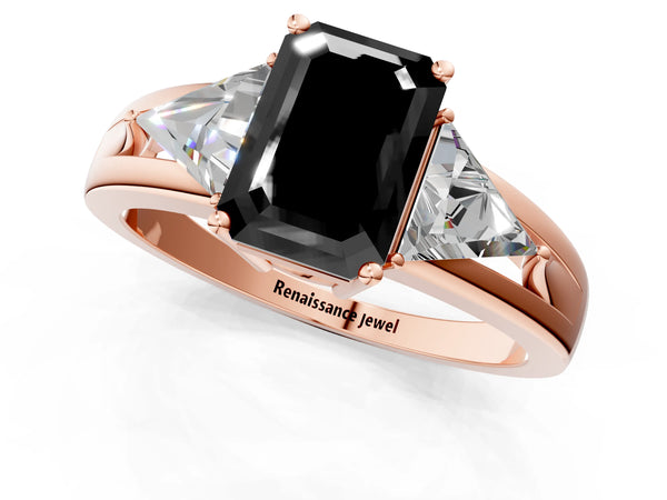 Rose Gold Emerald Cut Trillion Three Stone Engagement Ring Setting for Black Center