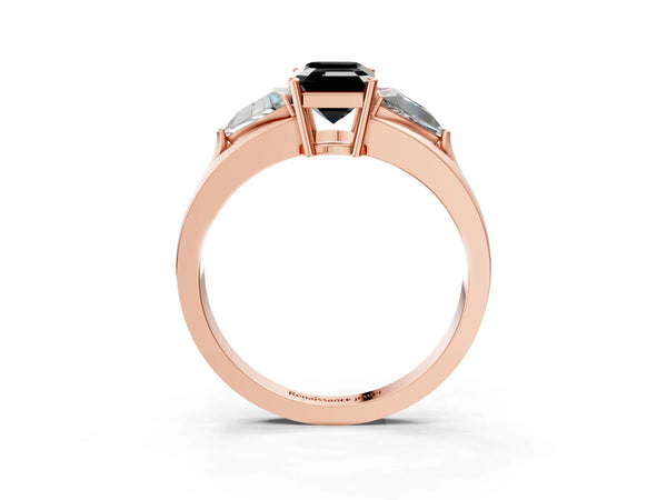 Rose Gold Emerald Cut Trillion Three Stone Engagement Ring Setting for Black Center
