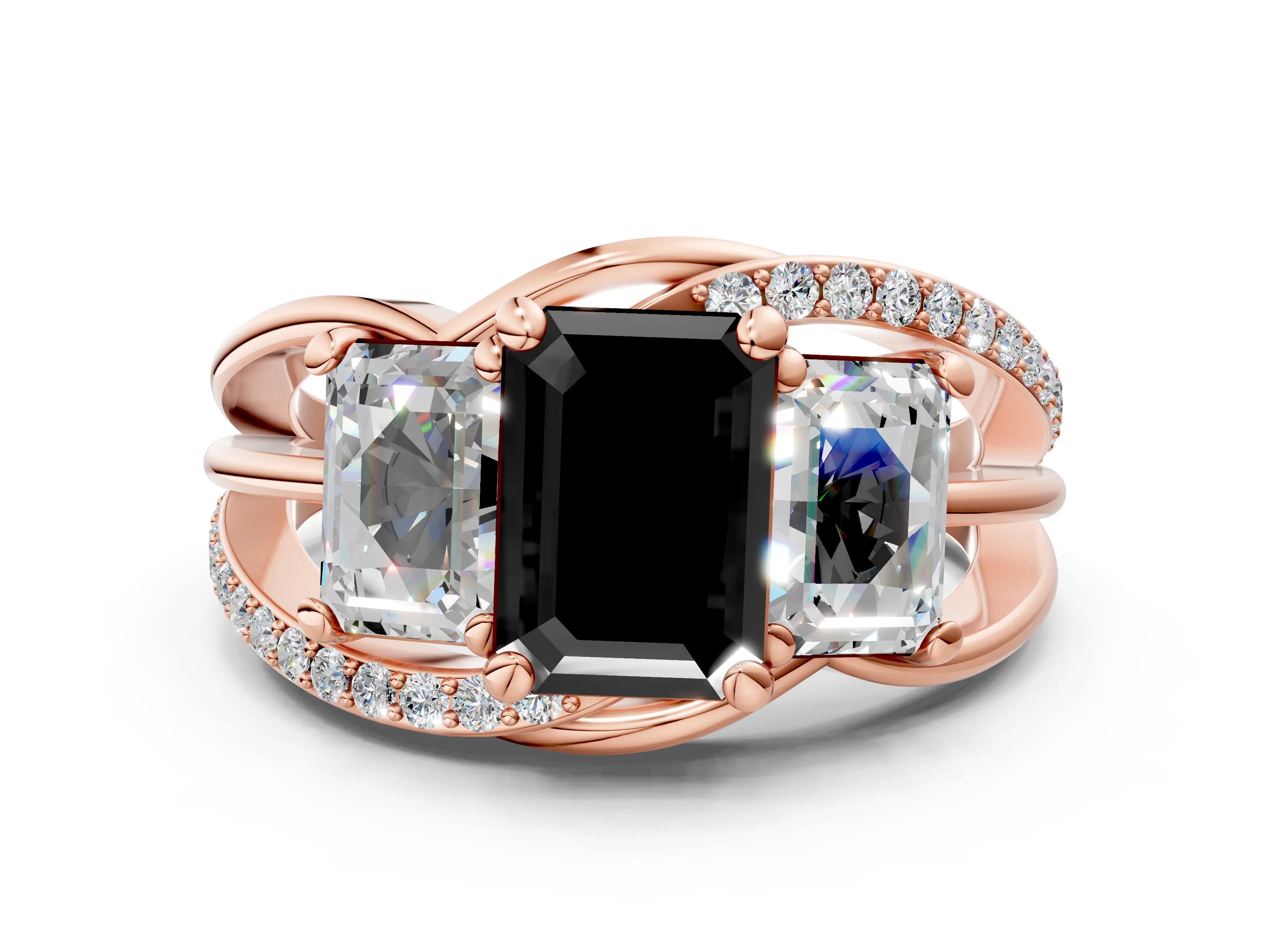 Rose gold Three-Stone Fancy Black Emerald Cut Cut Diamond Split Shank Prong Set Ring_12