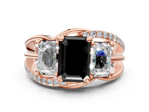 Rose gold Three-Stone Fancy Black Emerald Cut Cut Diamond Split Shank Prong Set Ring_12