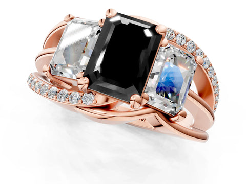 Rose gold Three-Stone Fancy Black Emerald Cut Cut Diamond Split Shank Prong Set Ring_13