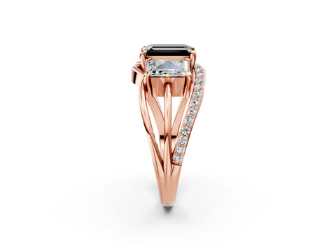 Rose gold Three-Stone Fancy Black Emerald Cut Cut Diamond Split Shank Prong Set Ring_14