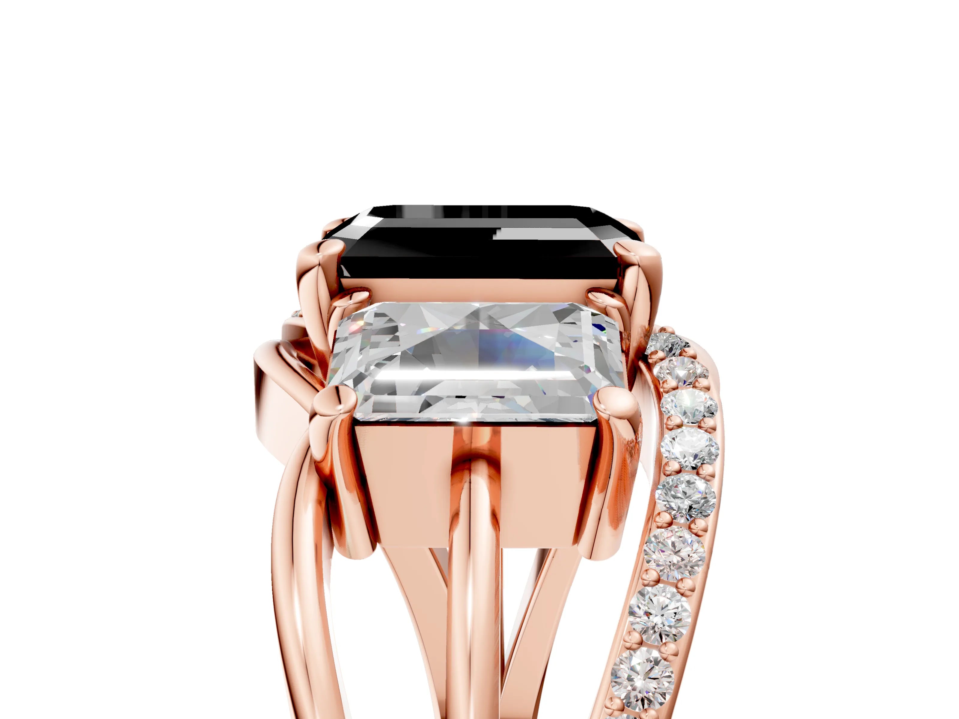 Rose gold Three-Stone Fancy Black Emerald Cut Cut Diamond Split Shank Prong Set Ring_17