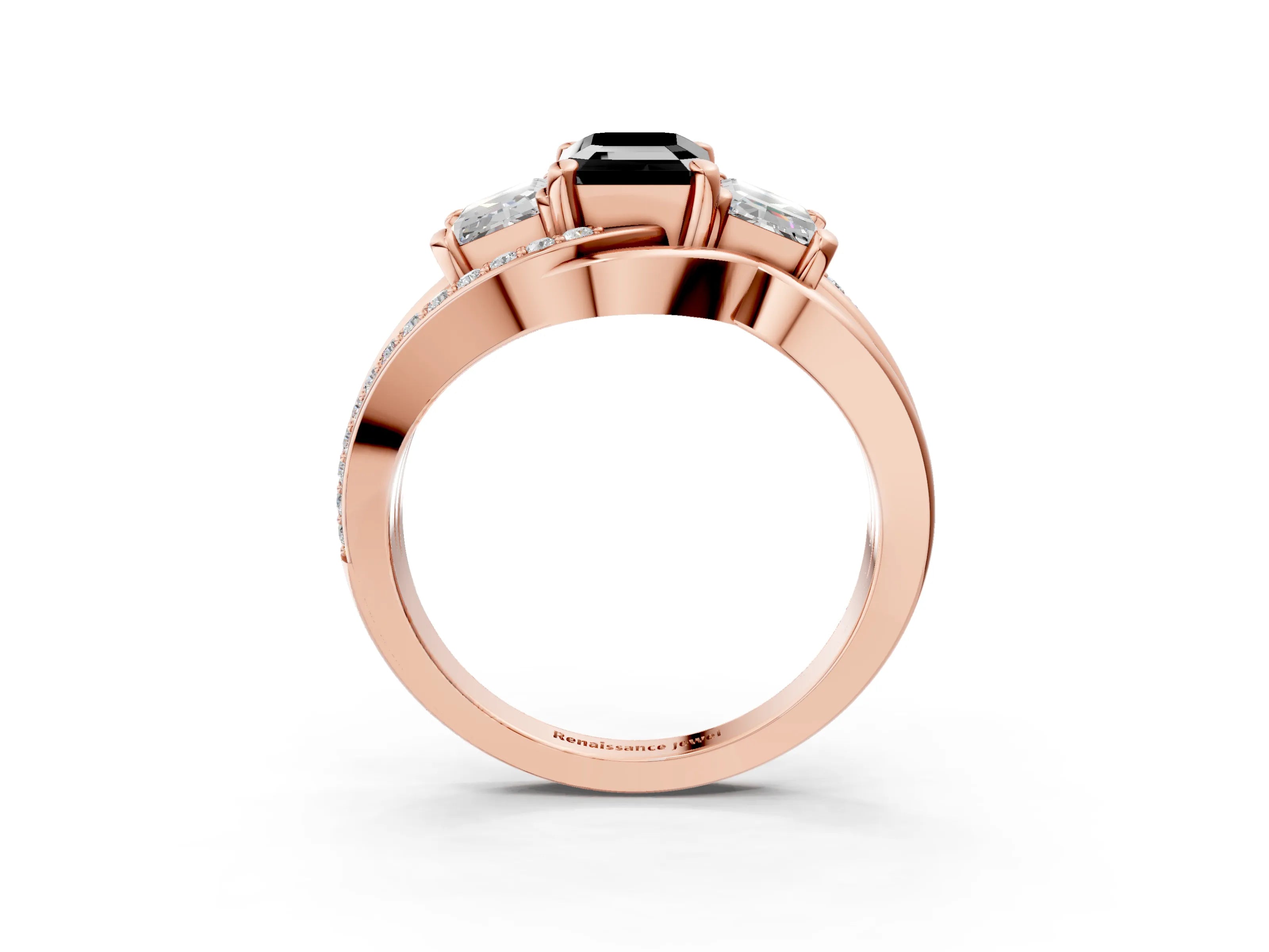 Rose gold Three-Stone Fancy Black Emerald Cut Cut Diamond Split Shank Prong Set Ring_3