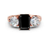 Rose gold Three-Stone Fancy Black Emerald Cut Cut Milgrain Band Prong Setting Ring
