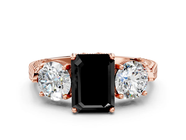 Rose Gold Emerald Cut Vintage Three Stone Engagement Ring Setting for Black Center