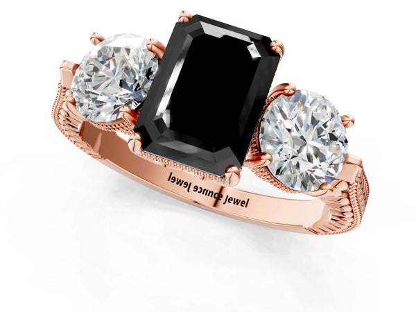 Rose Gold Emerald Cut Vintage Three Stone Engagement Ring Setting for Black Center