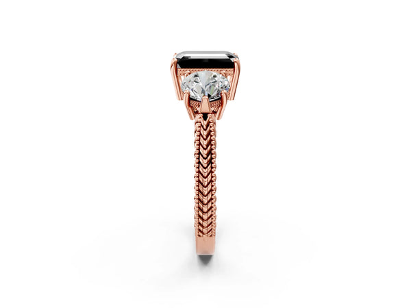 Rose Gold Emerald Cut Vintage Three Stone Engagement Ring Setting for Black Center