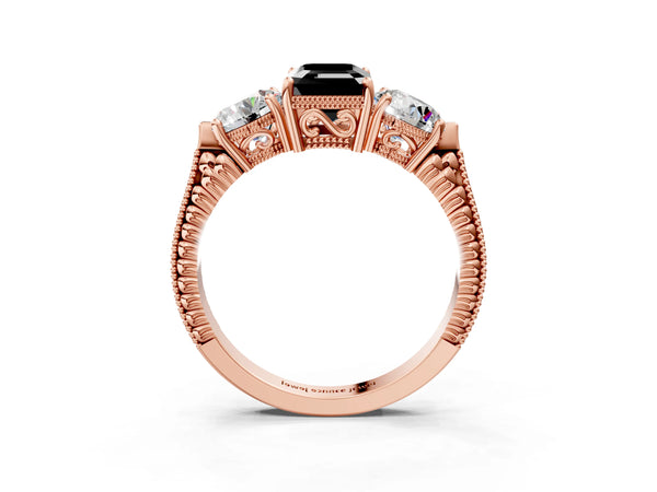 Rose Gold Emerald Cut Vintage Three Stone Engagement Ring Setting for Black Center