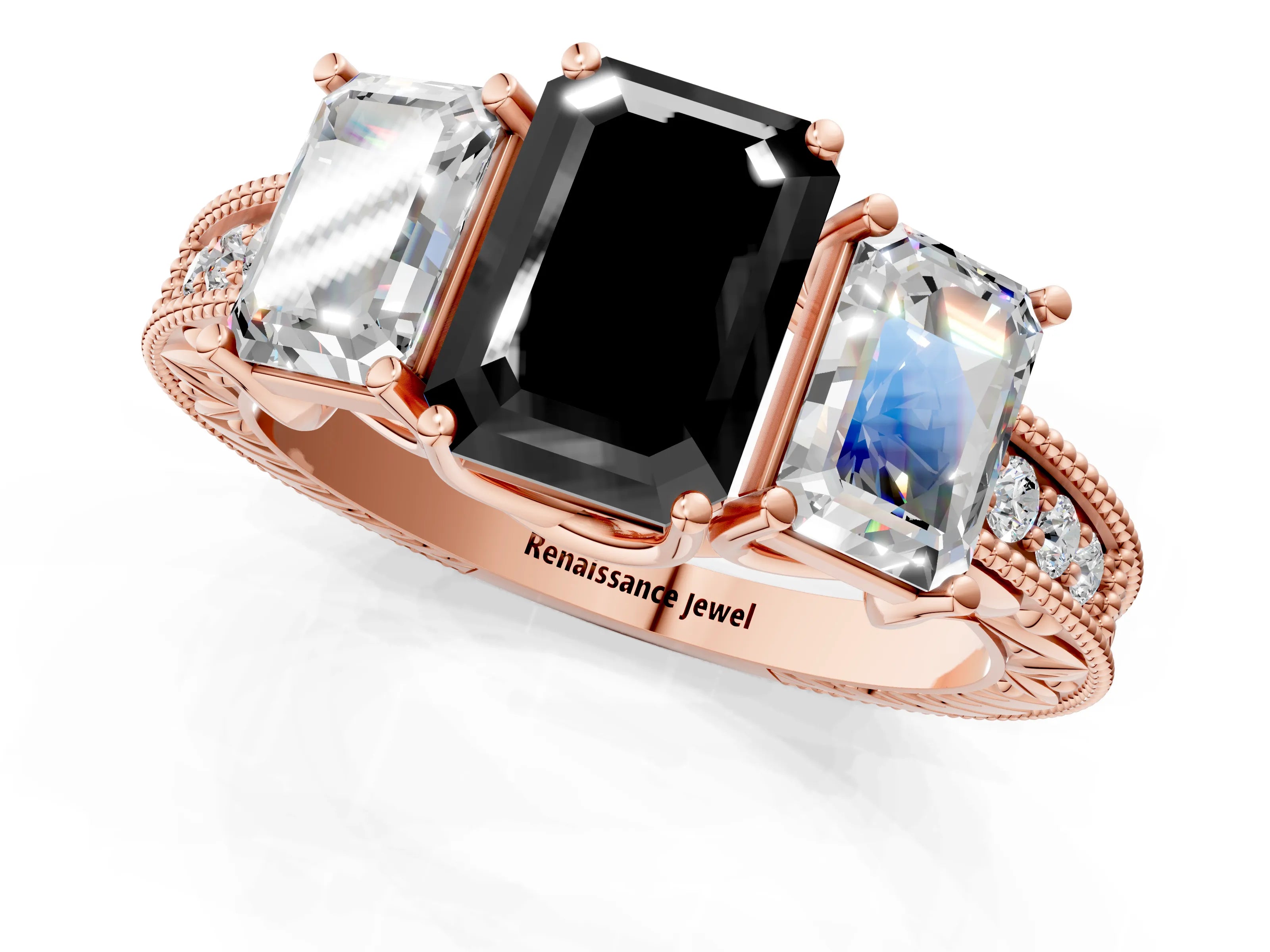 Rose gold Three-Stone Fancy Black Emerald Cut Cut Milgrain Pavé Engagement Ring_1
