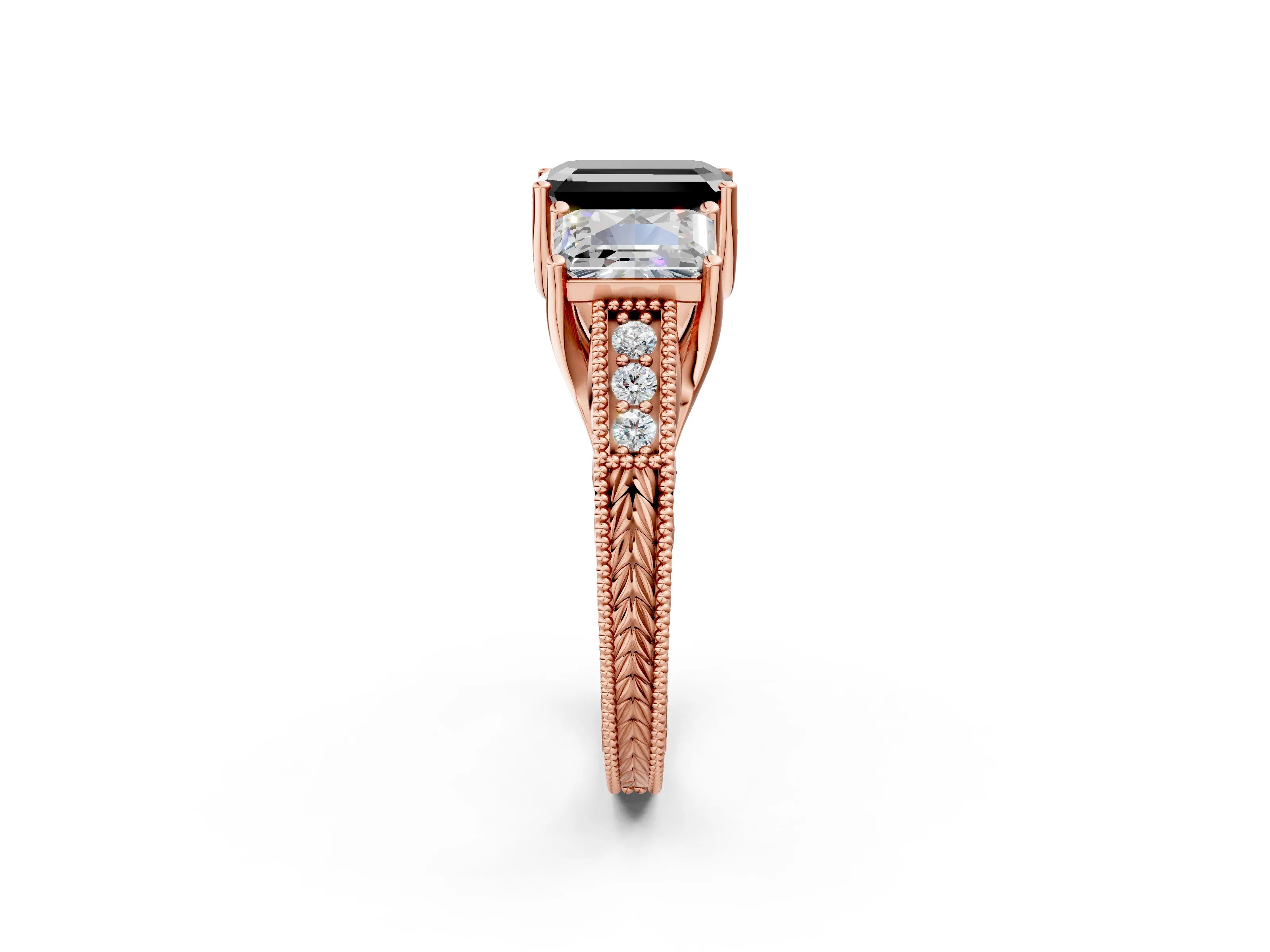 Rose gold Three-Stone Fancy Black Emerald Cut Cut Milgrain Pavé Engagement Ring_2