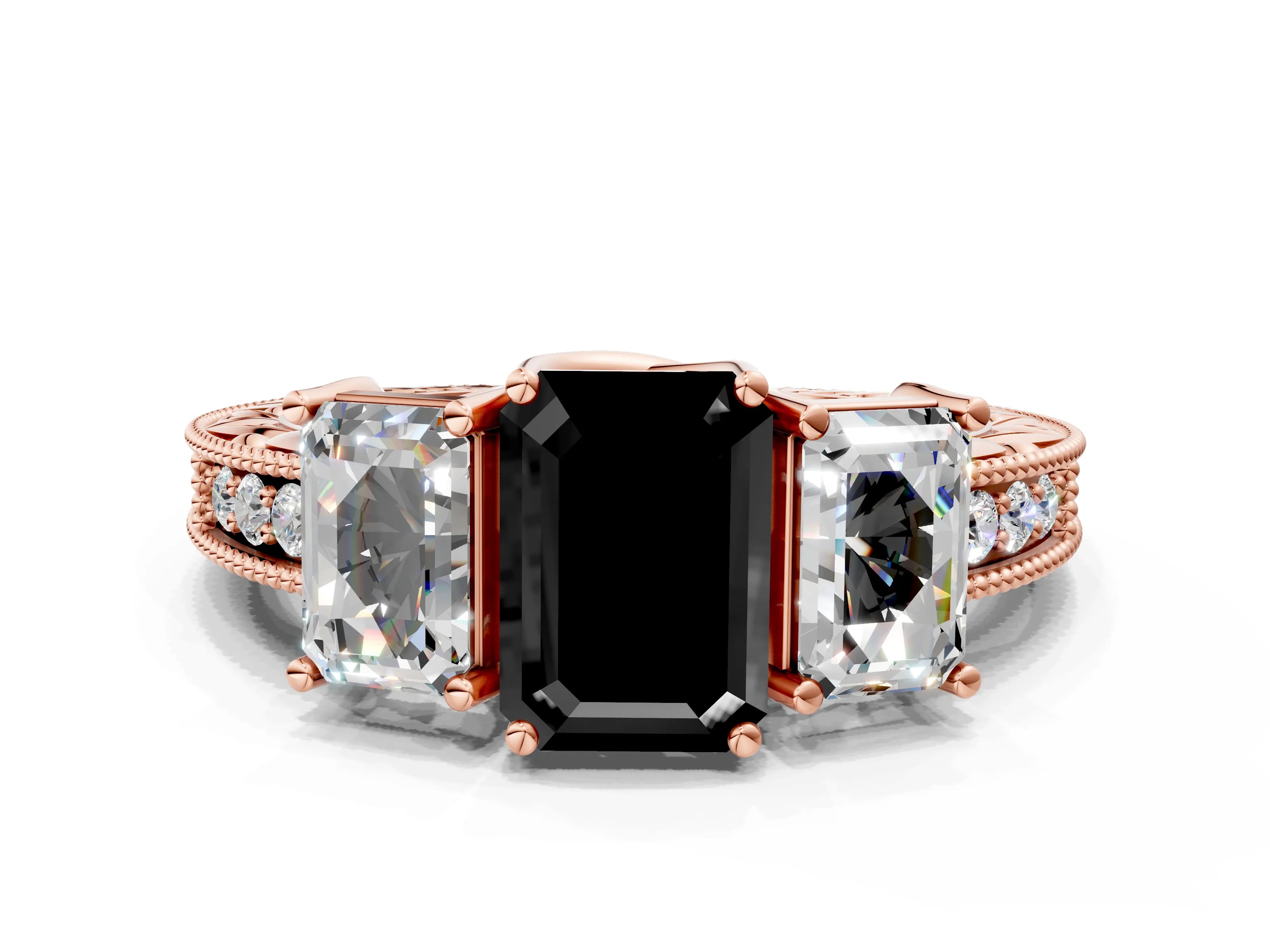 Rose gold Three-Stone Fancy Black Emerald Cut Cut Milgrain Pavé Engagement Ring_24