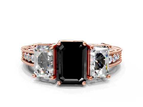 Rose gold Three-Stone Fancy Black Emerald Cut Cut Milgrain Pavé Engagement Ring_24