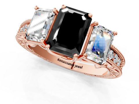 Rose gold Three-Stone Fancy Black Emerald Cut Cut Milgrain Pavé Engagement Ring_25